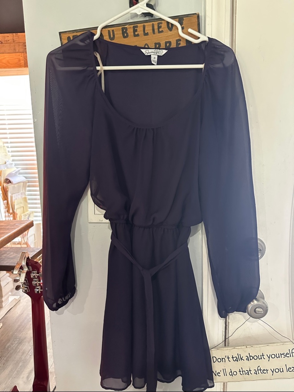 Speechless Sheer Long-Sleeve Black Belted Mini Dress